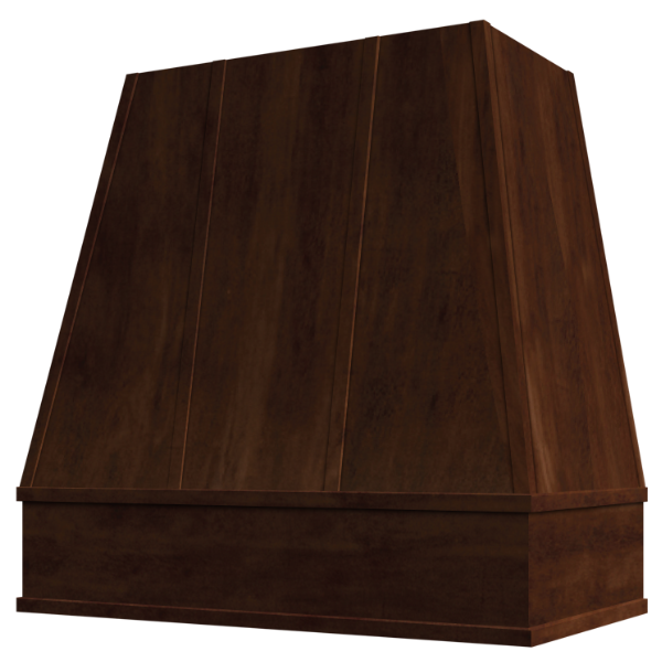 Espresso Wood Range Hood With Tapered Strapped Front and Block Trim - 30", 36", 42", 48", 54" and 60" Widths Available