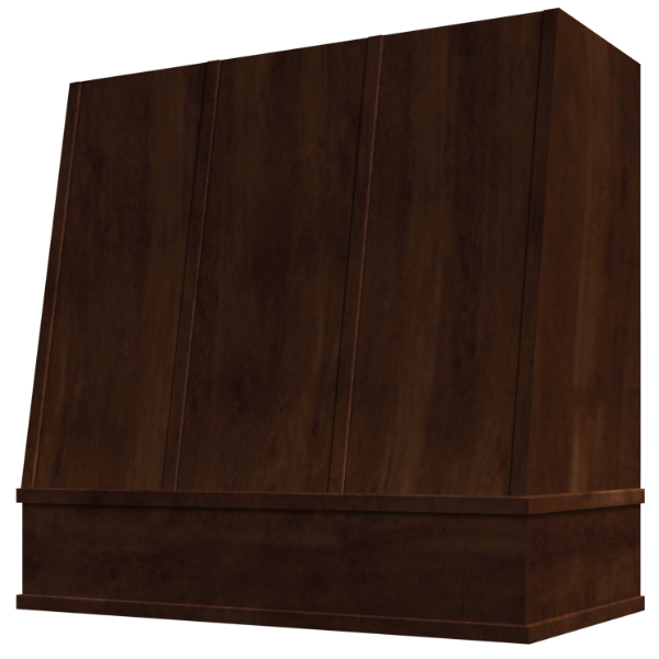 Espresso Wood Range Hood With Angled Strapped Front and Block Trim - 30", 36", 42", 48", 54" and 60" Widths Available