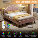 Upholstered LED Bed Frame with Adjustable Flower Headboard and Metal Support Feet Pink