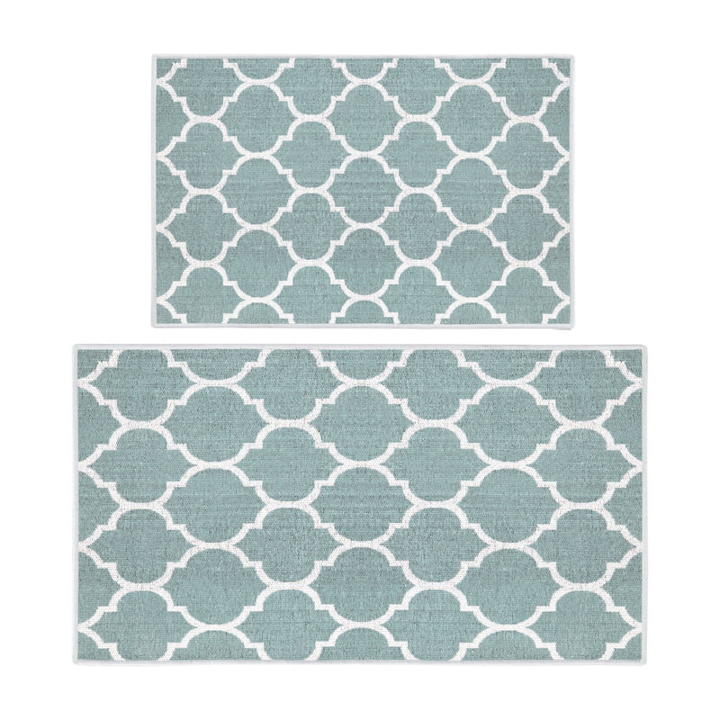 Geometric Design Non Skid Washable Kitchen Runner Rugs Set of 2| 44 x 24 and 31.5 x 20 Inches Floor Mats |Light Teal