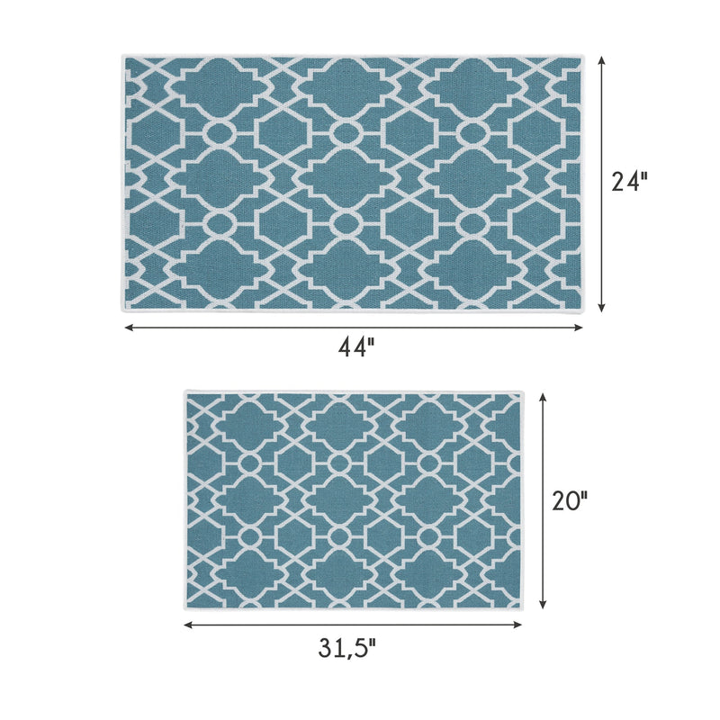 Geometric Graphic Design Non Skid Washable Kitchen Runner Rugs Set of 2| 44 x 24 and 31.5 x 20 Inches Floor Mats |Teal
