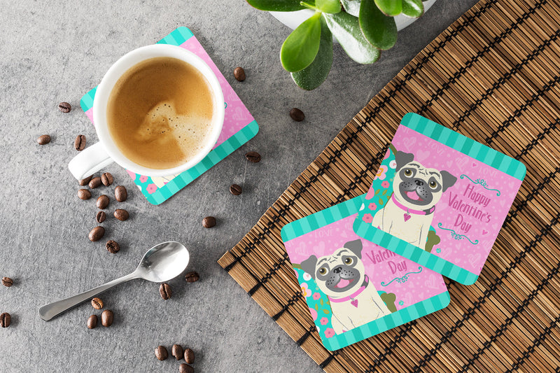 Happy Valentine's Day Pug Coasters - Set of 4 Lightweight Foam, Absorbent Drink Coasters VHA3002FC