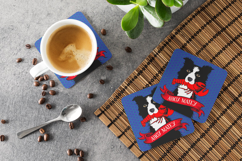 Ahoy Matey Nautical Border Collie Coasters - Set of 4 Lightweight Foam, Absorbent Drink Coasters VHA3011FC