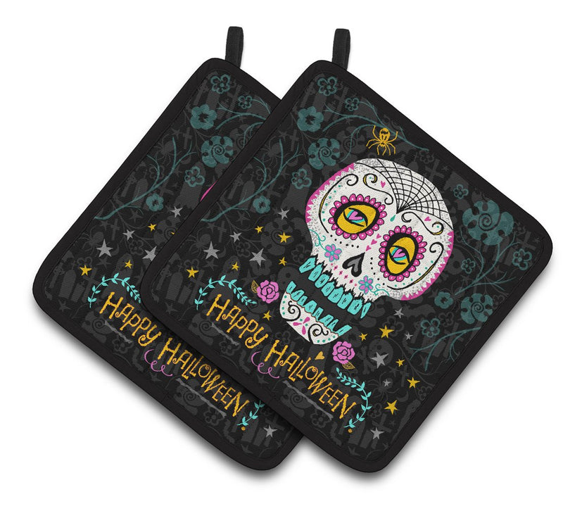 Happy Halloween Day of the Dead Pair of Pot Holders VHA3035PTHD