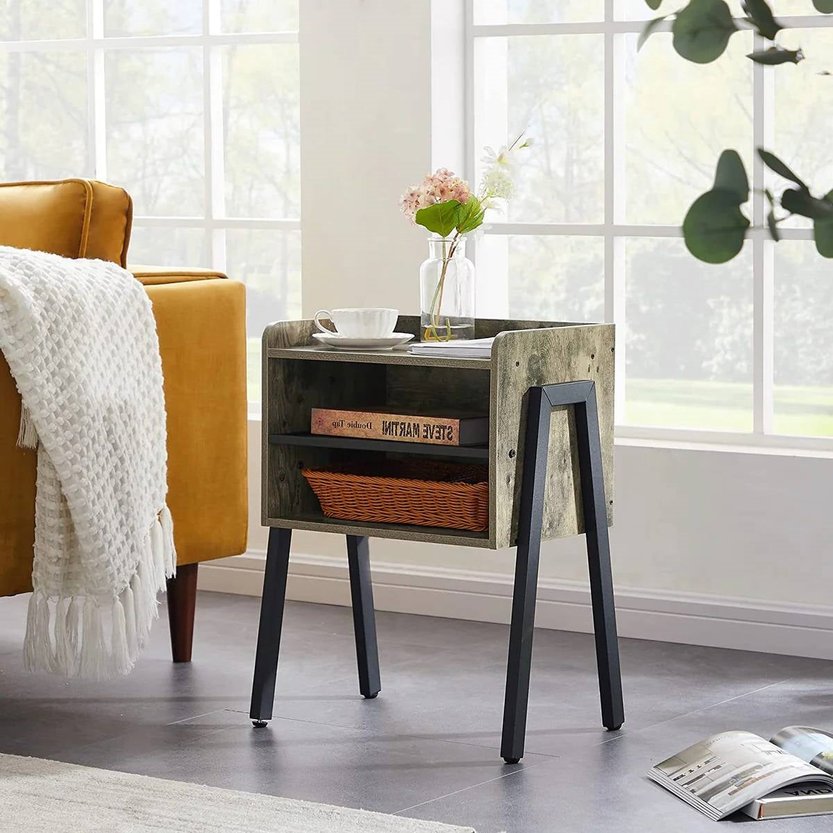 Modern Industrial Grey Wood Black Metal Side Table Nightstand End Table, photo 2 of 5