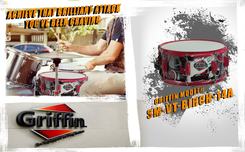 Snare Drum by GRIFFIN | Birch Wood Shell 14"x6.5" with Custom Graphic Wrap (Limited Edition) | Percussion Acoustic Musical Instrument Kit & Drummers Key | 8 Metal Lugs, Head Set & Strainer Throw Off