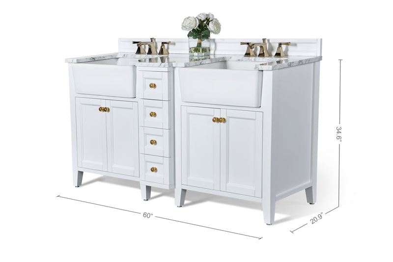 Adeline Bathroom Vanity with Farmhouse Sink and Carrara White Marble Top Cabinet Set