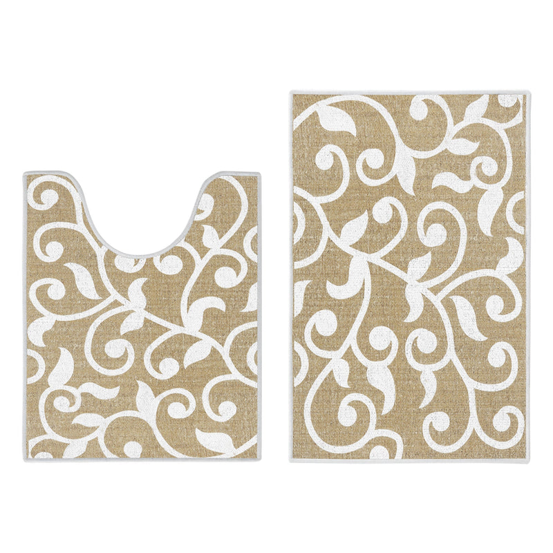Floral Design 2 Piece Bathroom Rugs Set | Beige