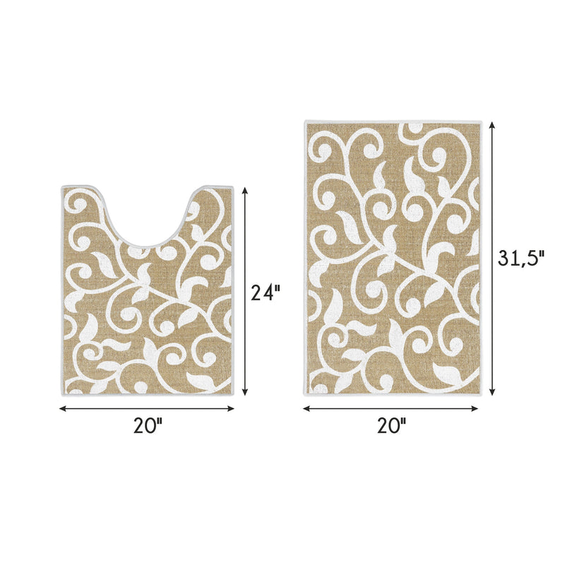Floral Design 2 Piece Bathroom Rugs Set | Beige