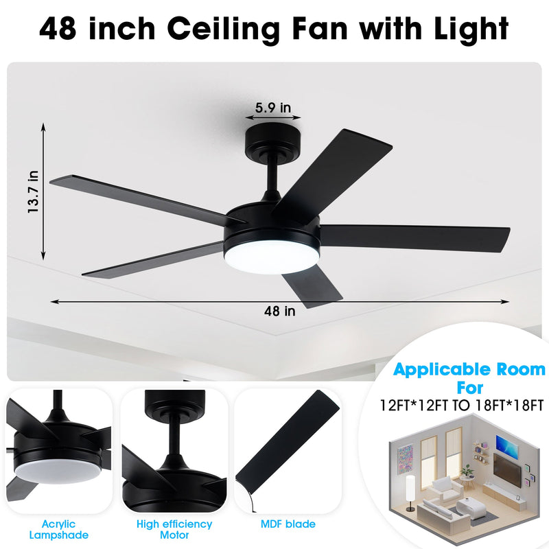 Vaczon 48" 5 Blades Industrial DC Motor Ceiling Fan with LED Lighting and Remote Control