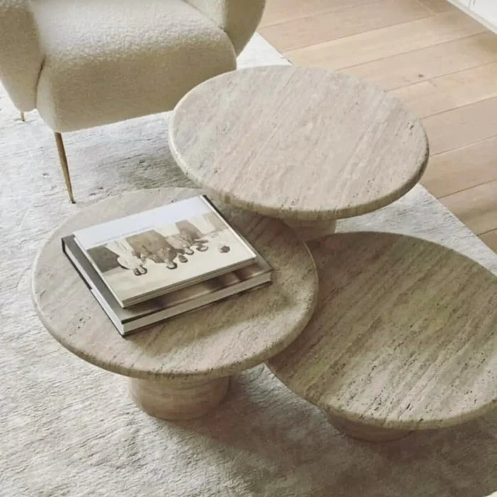 Valencia Travertine Coffee Table Vein-cut Round Set of 3 Polished