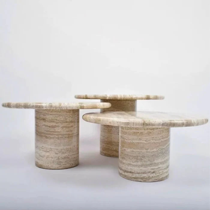 Valencia Travertine Coffee Table Vein-cut Round Set of 3 Polished