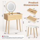 Small Glass-Top Makeup Vanity Desk with Round LED Mirror and Stool