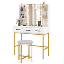 Vanity Desk with Mirror and Lights Makeup Dressing Table and Cushioned Stool Set-White
