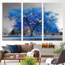Vibrant Blue Tree Canvas Art – Triptych Nature Print – Color