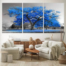 Vibrant Blue Tree Canvas Art – Triptych Nature Print – Color