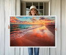 Vibrant Sunset Beach Canvas Print, Ocean Waves and Sandy