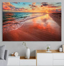 Vibrant Sunset Beach Canvas Print, Ocean Waves and Sandy