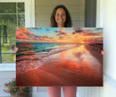 Vibrant Sunset Beach Canvas Print, Ocean Waves and Sandy
