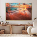 Vibrant Sunset Beach Canvas Print, Ocean Waves and Sandy