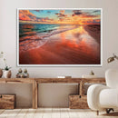 Vibrant Sunset Beach Canvas Print, Ocean Waves and Sandy