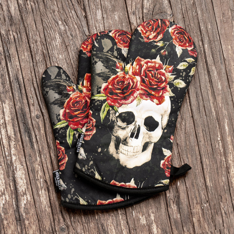 Vintage Flower Skull Oven Mitts And Potholder Set