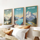 Set of 3 Travel Prints. Banff, Lake Tahoe, Mount Rainier Posters by Wall Art Set