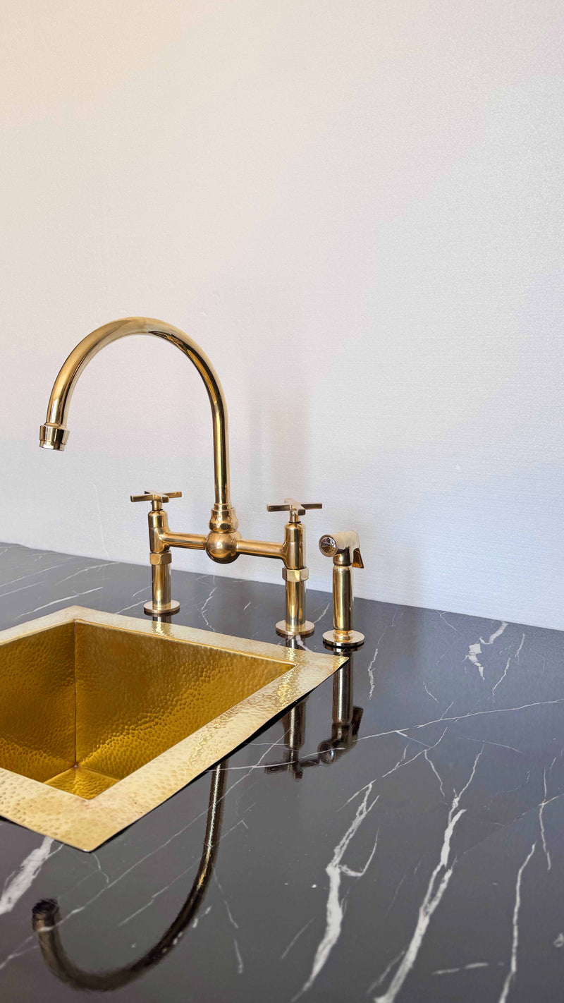 Unlacquered Brass Kitchen Faucet -  Dual Handle Center Ball Bridge Sink Faucet
