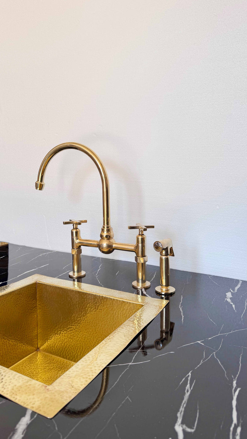 Unlacquered Brass Kitchen Faucet -  Dual Handle Center Ball Bridge Sink Faucet