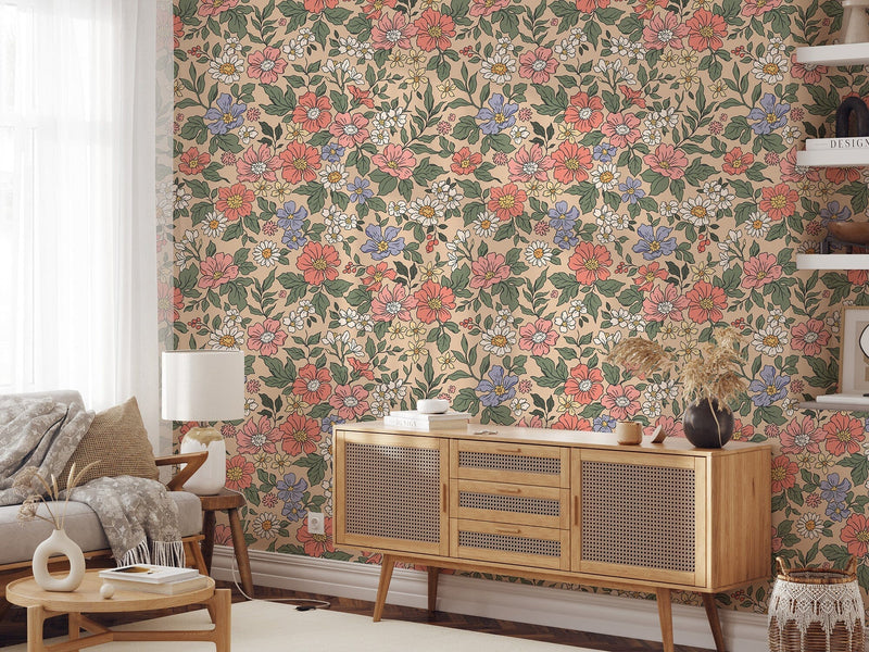 Vintage Coral Pink Retro Flowers Wallpaper
