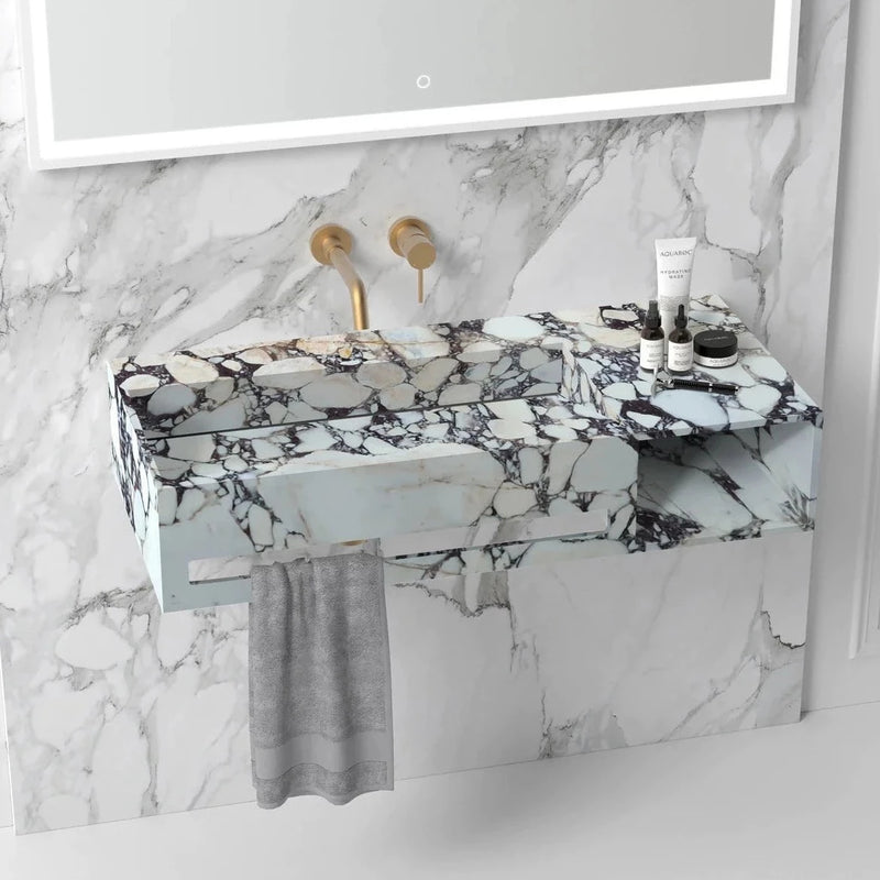 Calacatta Viola Marble Wall-mount Bathroom Sink Hidden Drain with Towel Holder and Shelf (W)18" (L)60" (H)8"