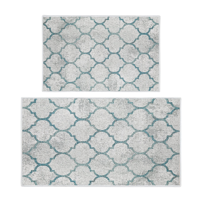 Geometric Design Non Skid Washable Kitchen Runner Rugs Set of 2| 44 x 24 and 31.5 x 20 Inches Floor Mats |Gray&Teal