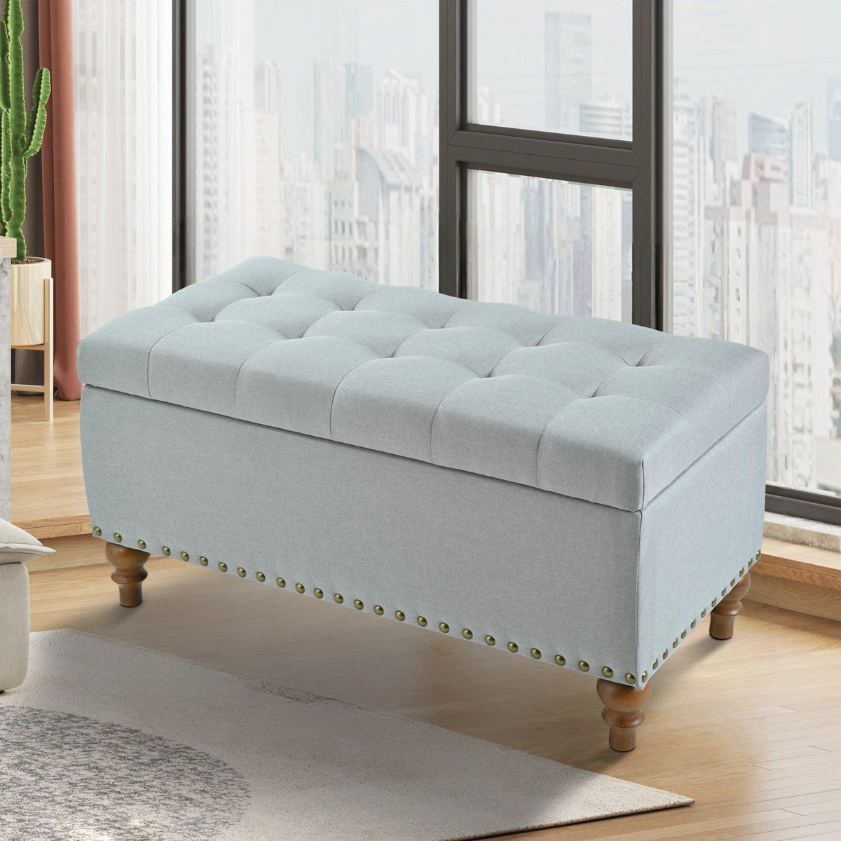 36" Ottoman Storage Bench with Recessed Support Hinge Top for Easy Opening,  Rivet Trim Around, Linen, photo 2 of 15