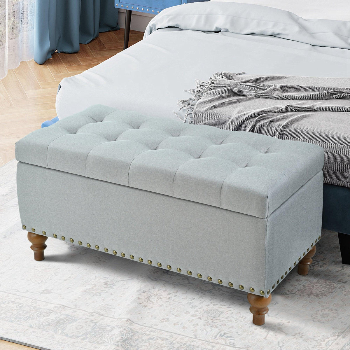 36" Ottoman Storage Bench with Recessed Support Hinge Top for Easy Opening,  Rivet Trim Around, Linen, photo 4 of 15