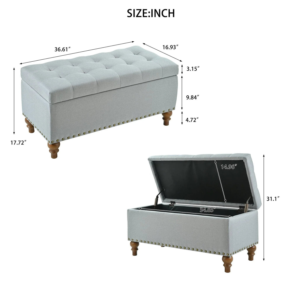 36" Ottoman Storage Bench with Recessed Support Hinge Top for Easy Opening,  Rivet Trim Around, Linen, photo 8 of 15