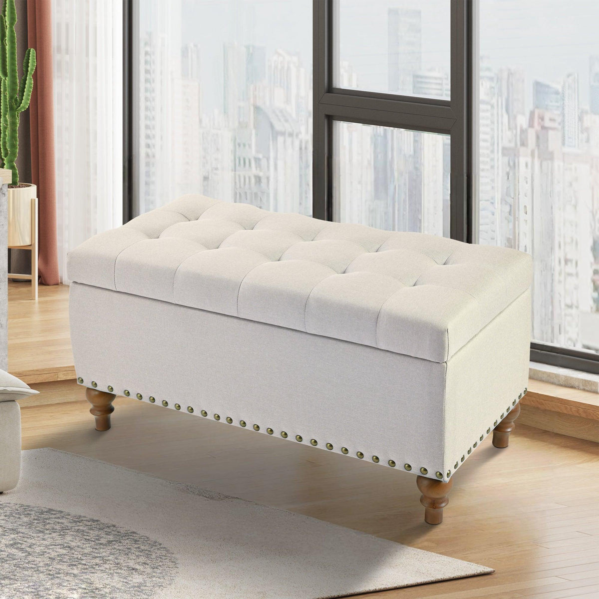 36" Ottoman Storage Bench with Recessed Support Hinge Top for Easy Opening,  Rivet Trim Around, Linen, photo 11 of 15