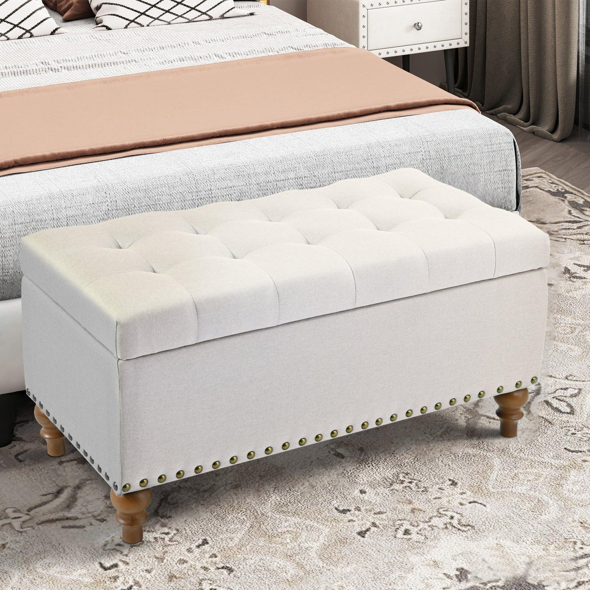 36" Ottoman Storage Bench with Recessed Support Hinge Top for Easy Opening,  Rivet Trim Around, Linen, photo 9 of 15