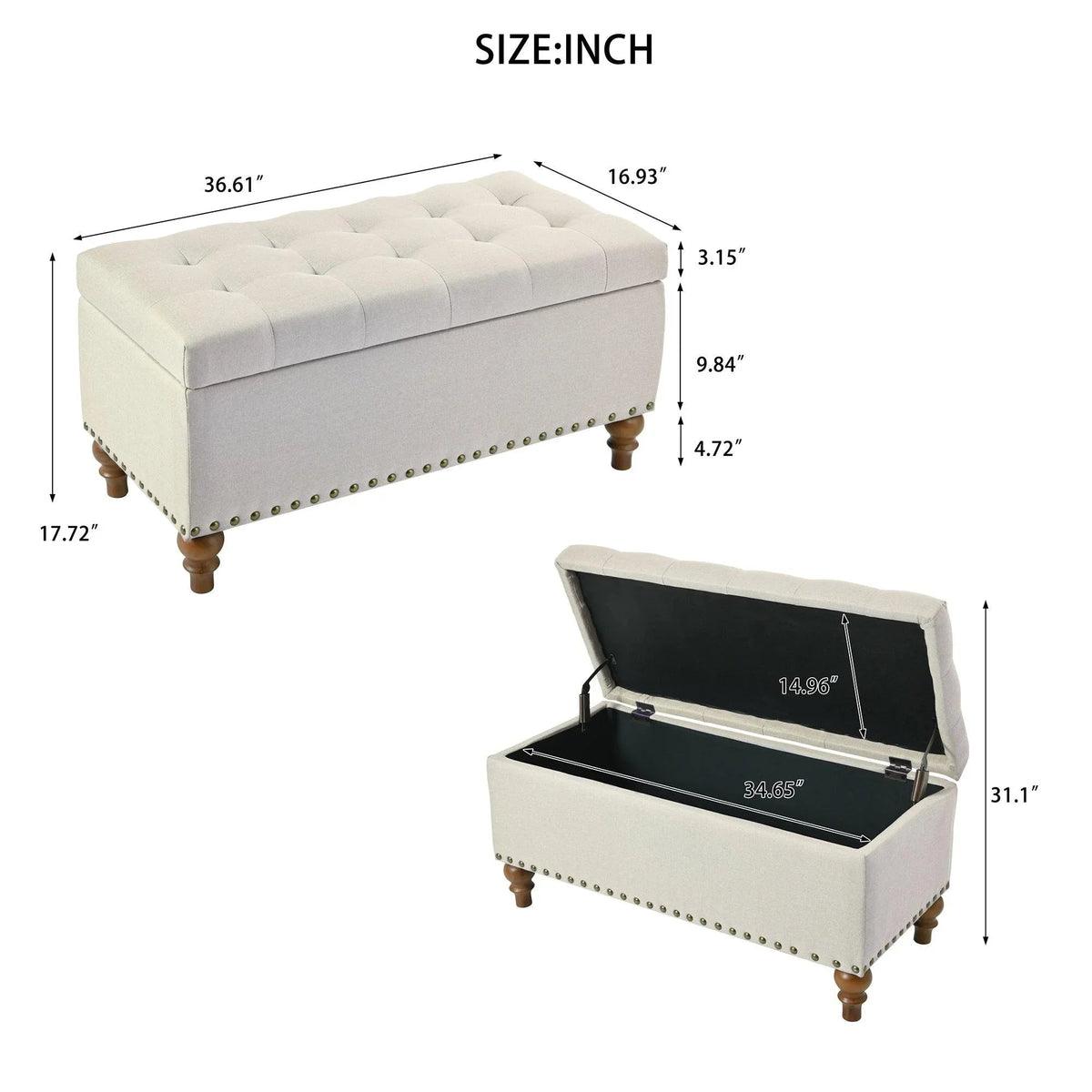 36" Ottoman Storage Bench with Recessed Support Hinge Top for Easy Opening,  Rivet Trim Around, Linen, photo 12 of 15