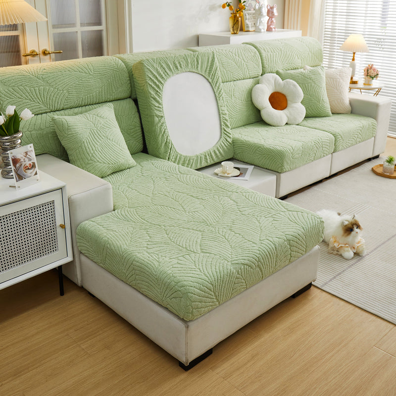Cozy Plush Coral Fleece Sofa Cushion Slipcovers, Stretch Leaves Cushion Covers, Furniture Slipcovers