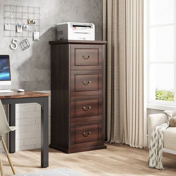 Traditional Vertical File Cabinet in Walnut Wood Finish with 4 Storage Drawers, photo 2 of 4