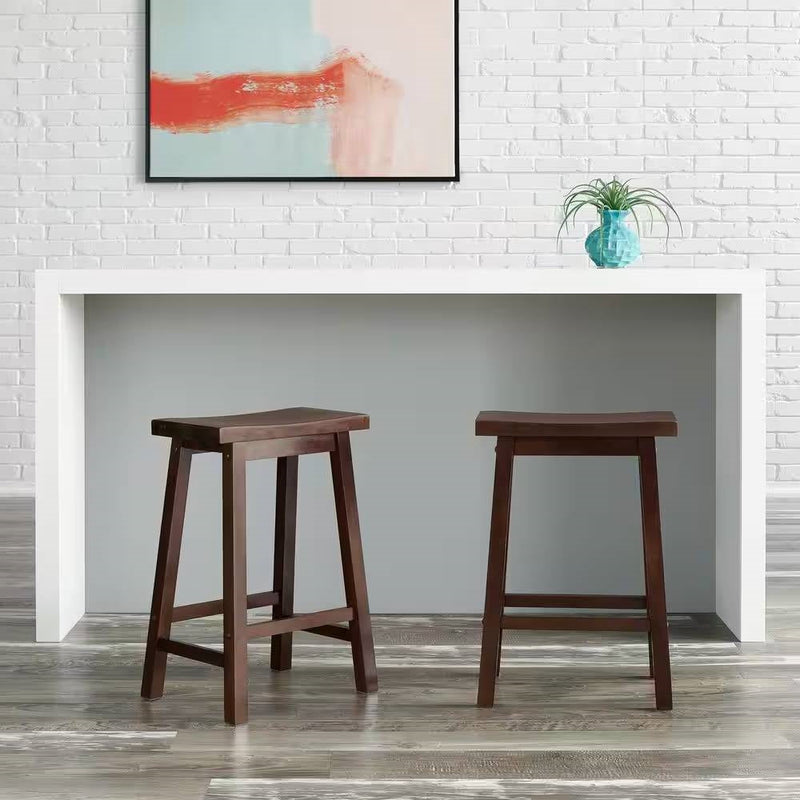 Set of 2 Farmhouse Counter Height Saddle Bar Stools in Brown Walnut Wood Finish, photo 2 of 5