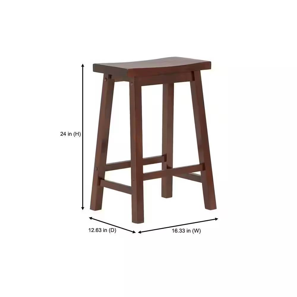 Set of 2 Farmhouse Counter Height Saddle Bar Stools in Brown Walnut Wood Finish, photo 5 of 5