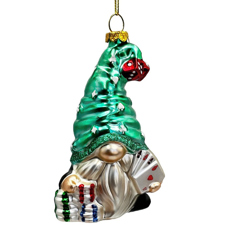 Casino Poker Gnome Glass Ornament, Cute Christmas Gambler