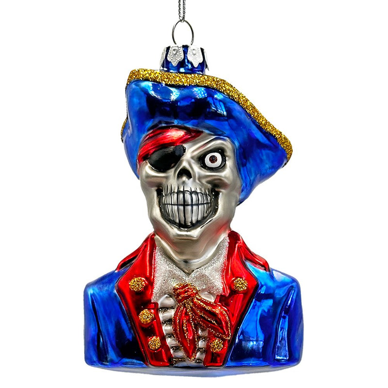 Fierce Pirate Skeleton Glass Ornament, Gothic Skull Ship Captain Spooky Decor