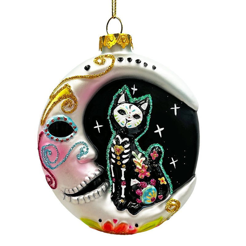 Folkloric Siamese Cat Sugar Skull Glass Ornament, Celestial Crescent Moon Halloween Decor