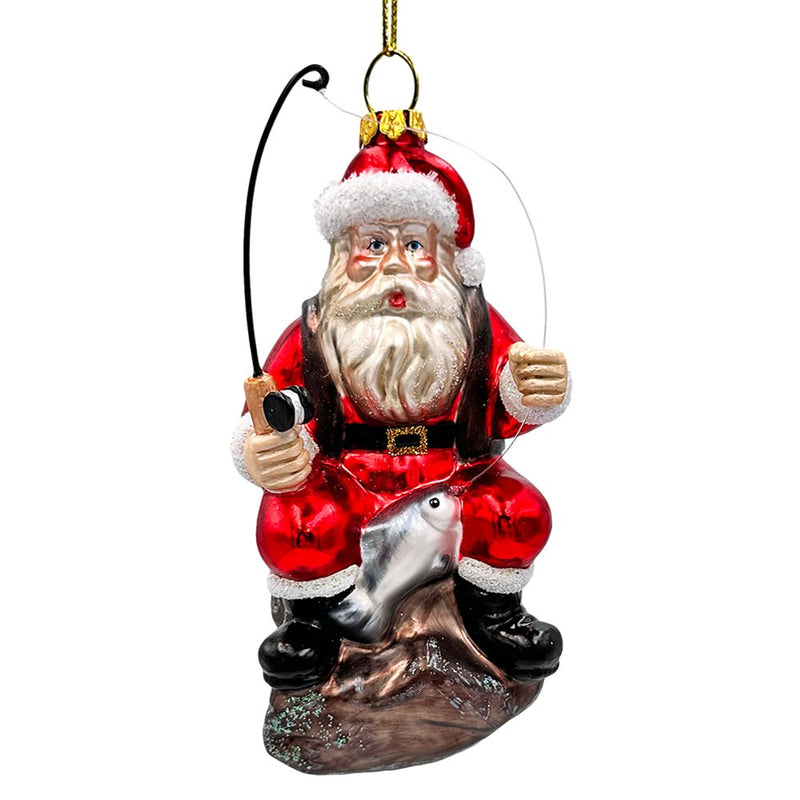 Relaxing Santa Claus Fishing Ornament, Hand Blown Glass Fisherman Gift Decor