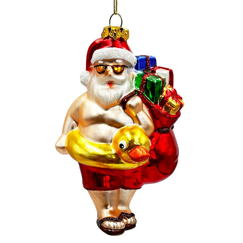 Santa on Summer Vacation in the Pool Quirky Glass Christmas Ornament, Rubber Duckey Tropical Holiday Decor