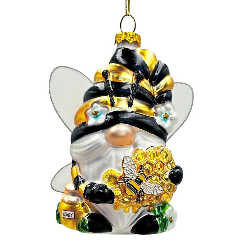 Sparkling Bee Gnome Glass Christmas Ornament, Bumblebee Themed Holiday Decor