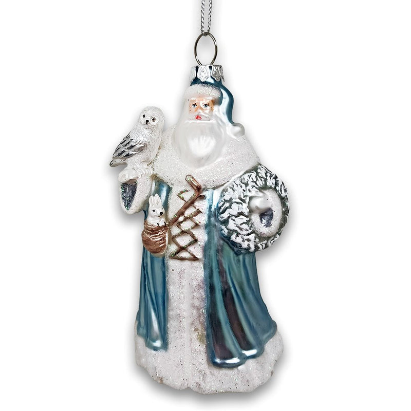 Arctic Whispers Santa Glass Christmas Ornament, Snowy Winter Theme with Light Blue Robe