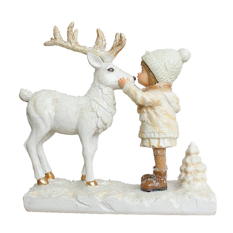(Pre-Order) Charming Deer and Little Girl Figurine, 7.5" Vintage Christmas Garden Statue